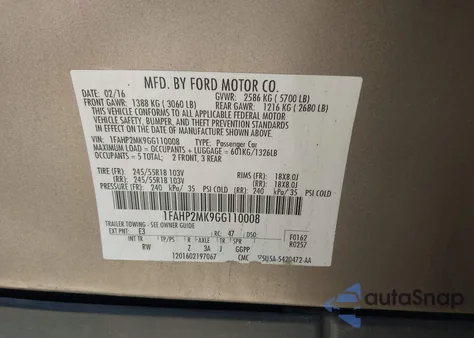 2016 Ford Police Interceptor из США, поврежденный, VIN 1FAHP2MK9GG110008